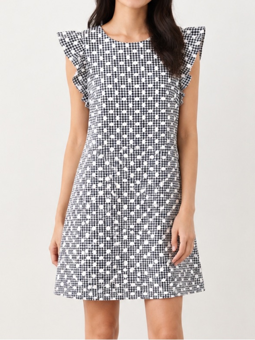 Eliza J Black and White Gingham Polka Dot Ruffle Sleeve Dress M